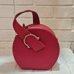 Crimson Round Leather Crossbody Bag with Gold Accents